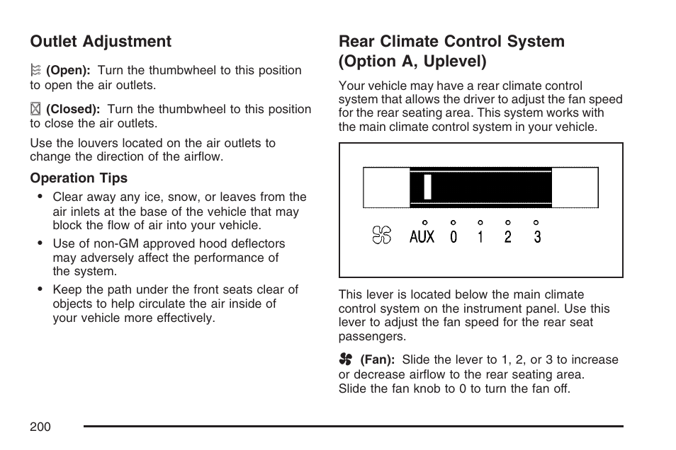 Outlet adjustment, Rear climate control system (option a, uplevel), Outlet adjustment rear climate control system | Option a, uplevel) | Buick 2007 Terraza User Manual | Page 200 / 562