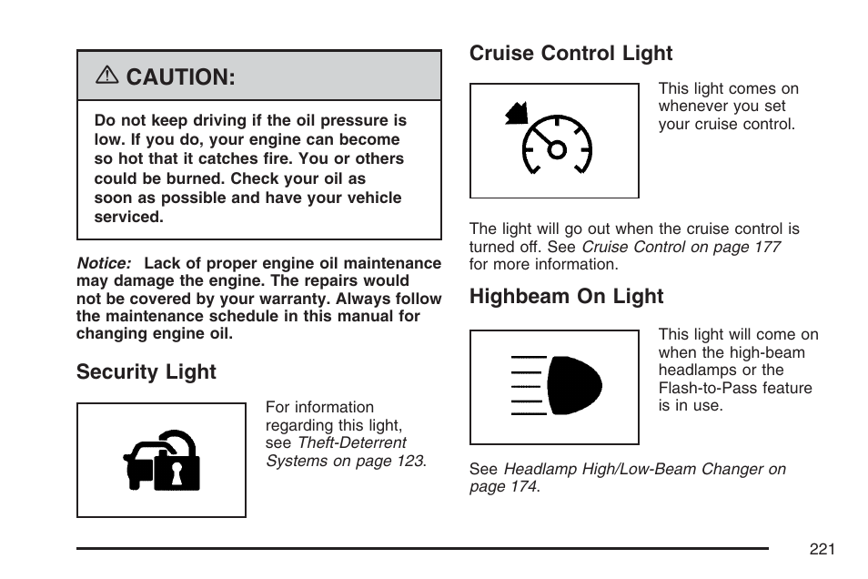 Security light, Cruise control light, Highbeam on light | Caution | Buick 2007 Terraza User Manual | Page 221 / 562