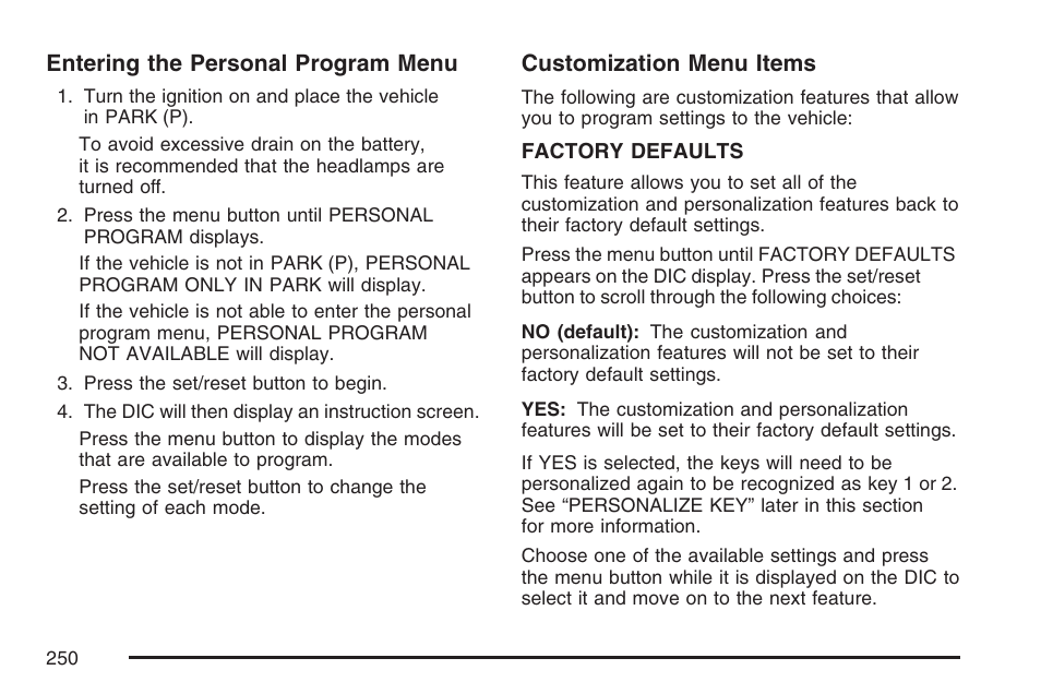 Entering the personal program menu, Customization menu items | Buick 2007 Terraza User Manual | Page 250 / 562