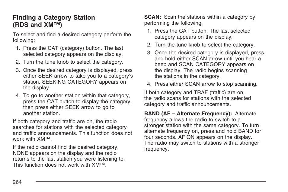 Finding a category station (rds and xm™) | Buick 2007 Terraza User Manual | Page 264 / 562