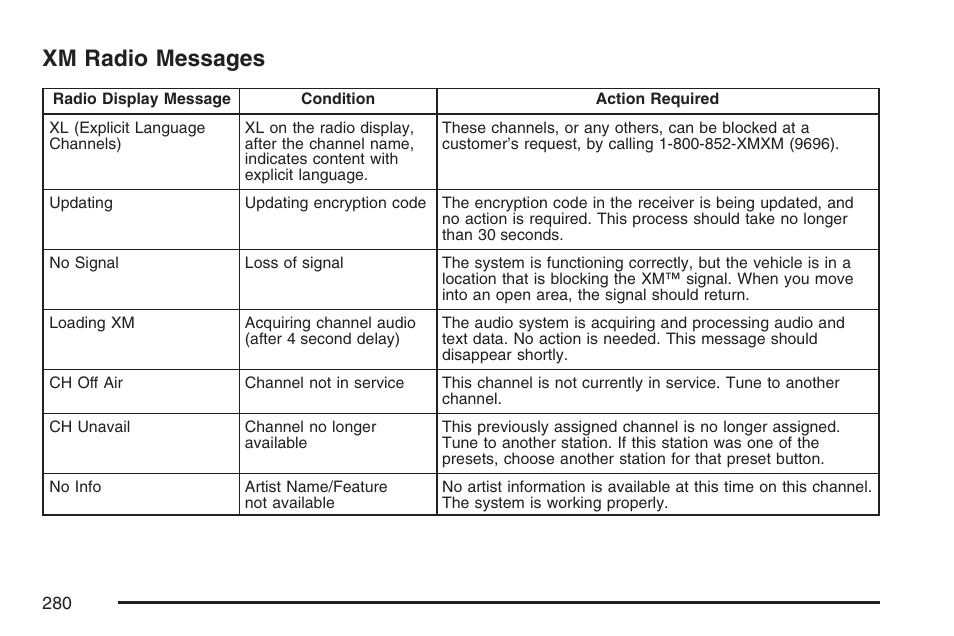 Xm radio messages | Buick 2007 Terraza User Manual | Page 280 / 562