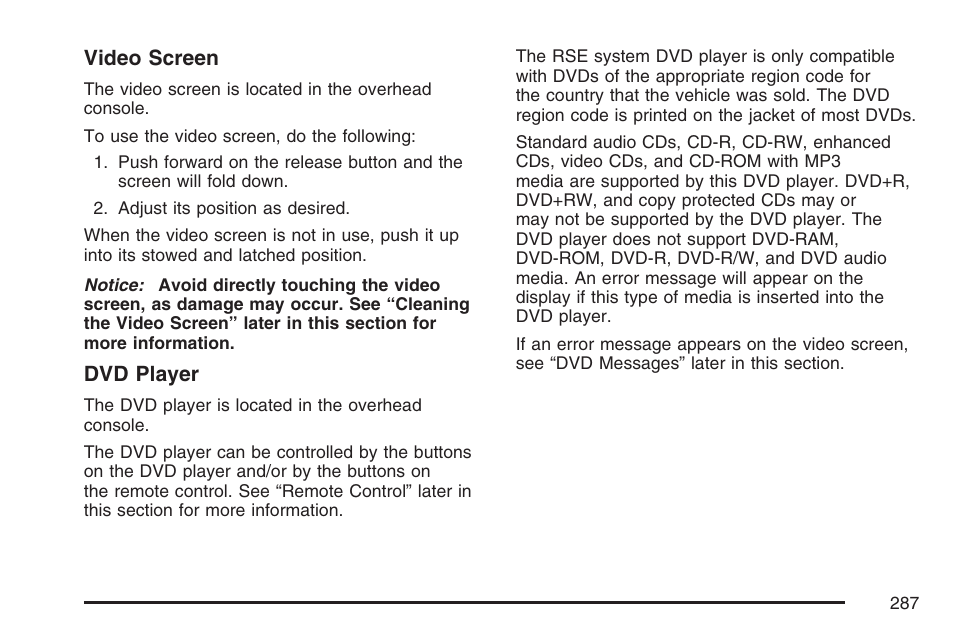 Video screen, Dvd player | Buick 2007 Terraza User Manual | Page 287 / 562