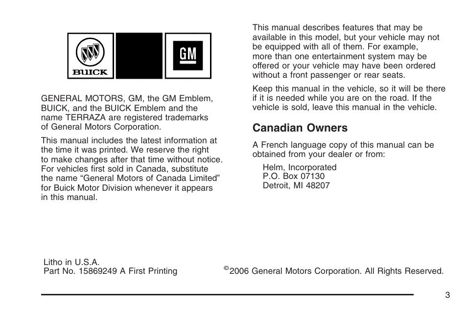 Canadian owners | Buick 2007 Terraza User Manual | Page 3 / 562