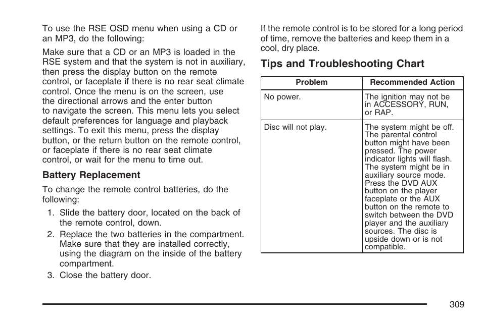 Tips and troubleshooting chart | Buick 2007 Terraza User Manual | Page 309 / 562