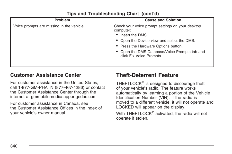 Theft-deterrent feature, Customer assistance center | Buick 2007 Terraza User Manual | Page 340 / 562