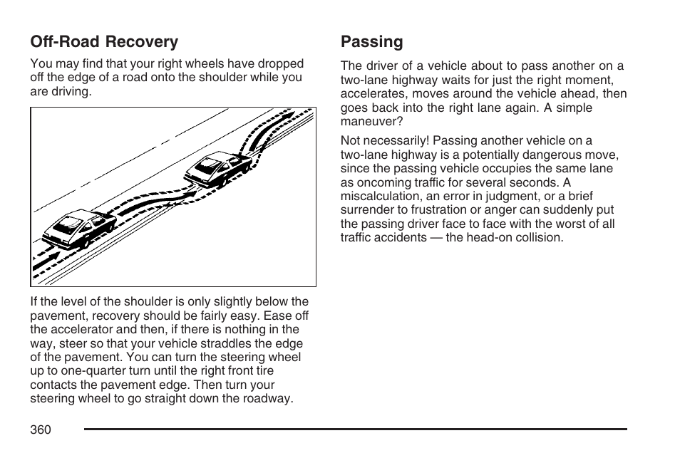 Off-road recovery, Passing, Off-road recovery passing | Buick 2007 Terraza User Manual | Page 360 / 562