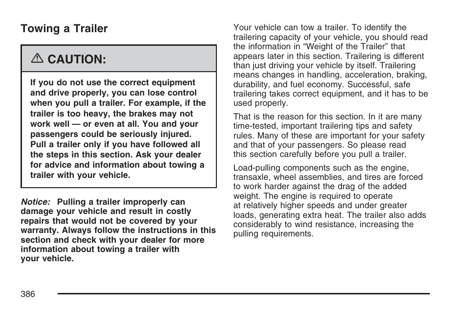 Towing a trailer, Caution | Buick 2007 Terraza User Manual | Page 386 / 562