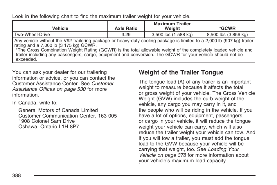 Weight of the trailer tongue | Buick 2007 Terraza User Manual | Page 388 / 562