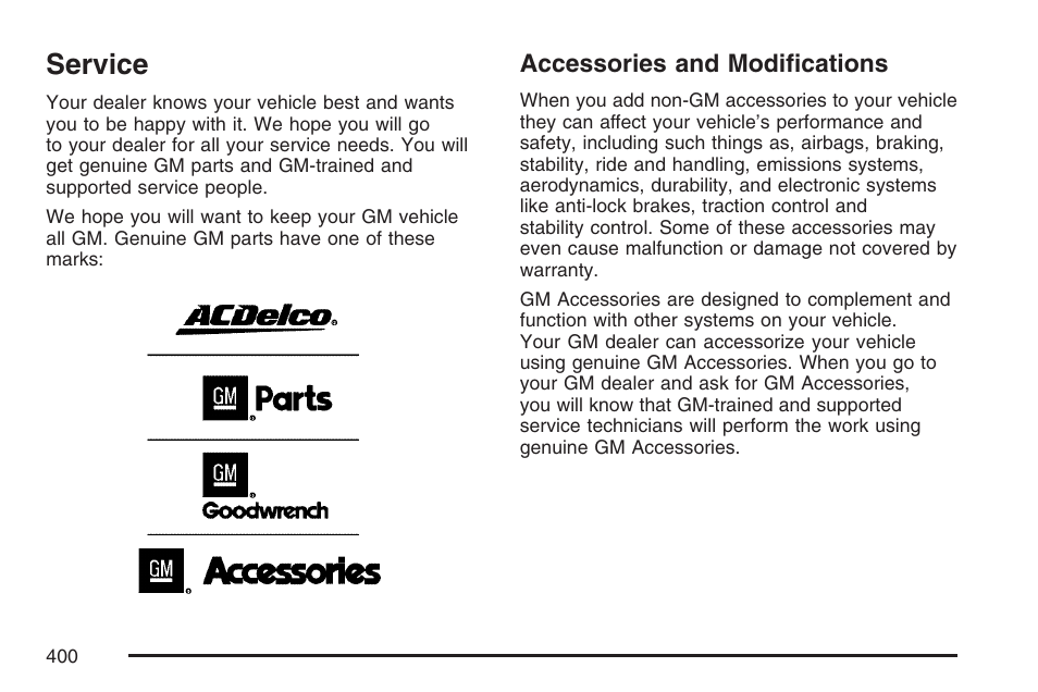 Service, Accessories and modifications | Buick 2007 Terraza User Manual | Page 400 / 562