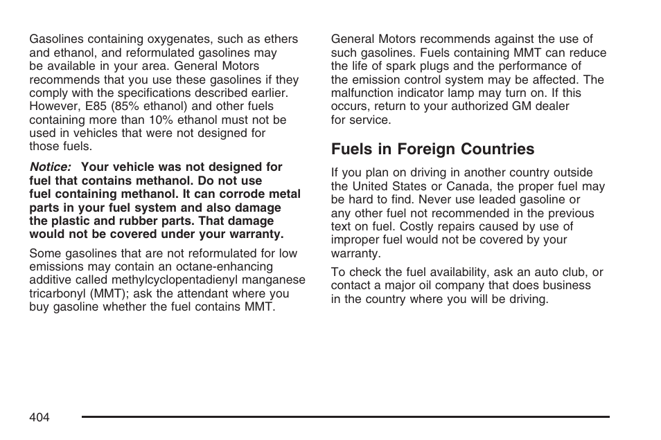 Fuels in foreign countries | Buick 2007 Terraza User Manual | Page 404 / 562