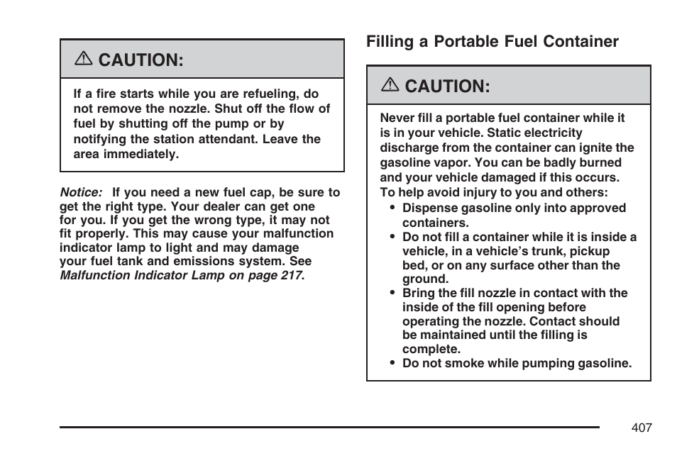 Filling a portable fuel container, Caution | Buick 2007 Terraza User Manual | Page 407 / 562