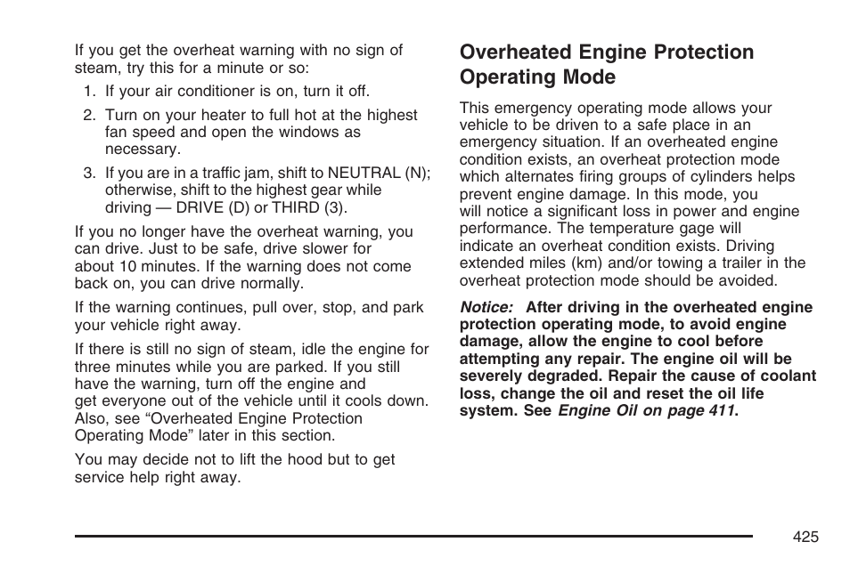 Overheated engine protection operating mode, Overheated engine protection, Operating mode | Buick 2007 Terraza User Manual | Page 425 / 562