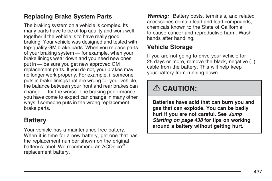 Battery, Caution | Buick 2007 Terraza User Manual | Page 437 / 562