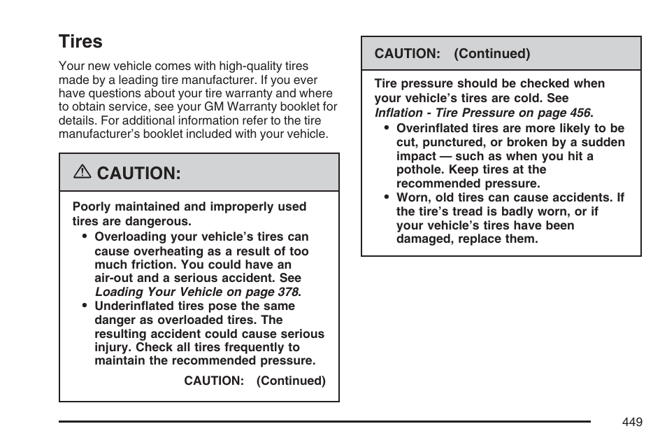 Tires, Caution | Buick 2007 Terraza User Manual | Page 449 / 562