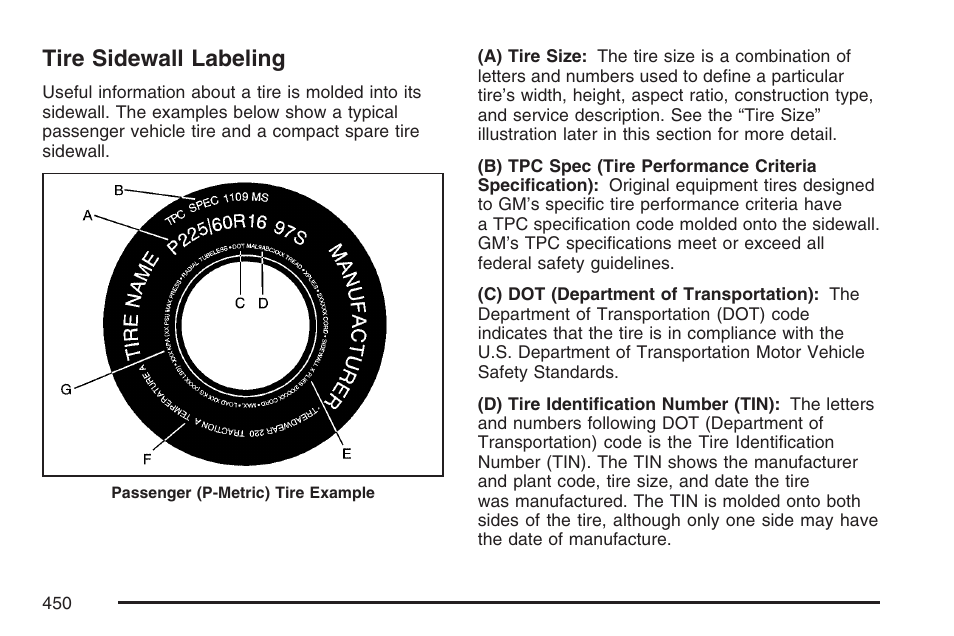 Tire sidewall labeling | Buick 2007 Terraza User Manual | Page 450 / 562