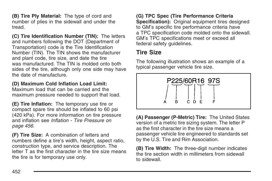 Tire size | Buick 2007 Terraza User Manual | Page 452 / 562