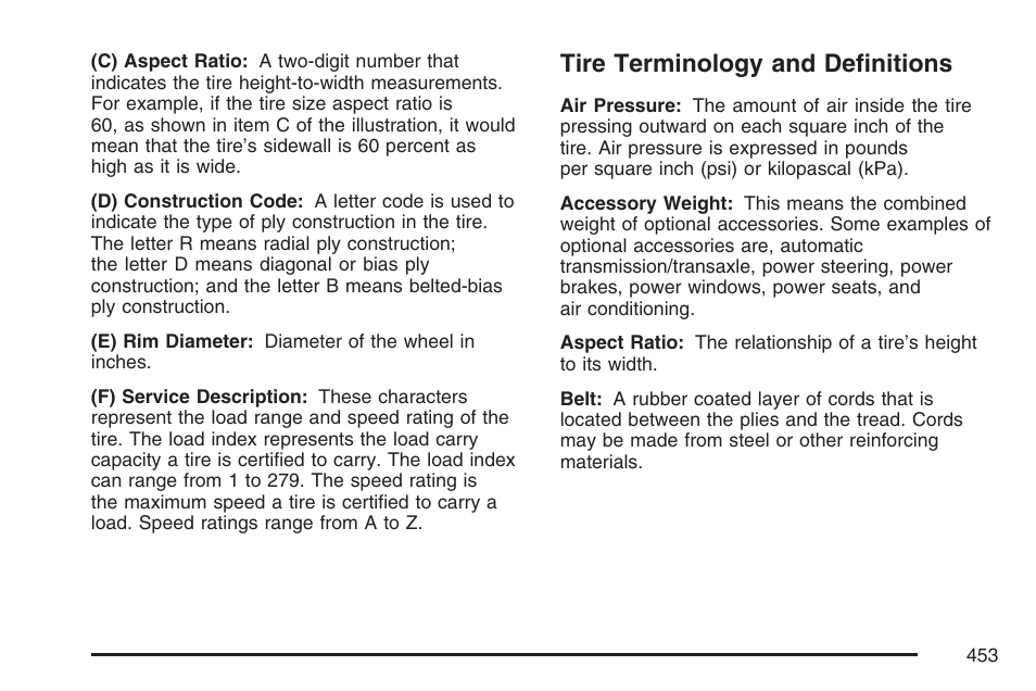 Tire terminology and definitions | Buick 2007 Terraza User Manual | Page 453 / 562