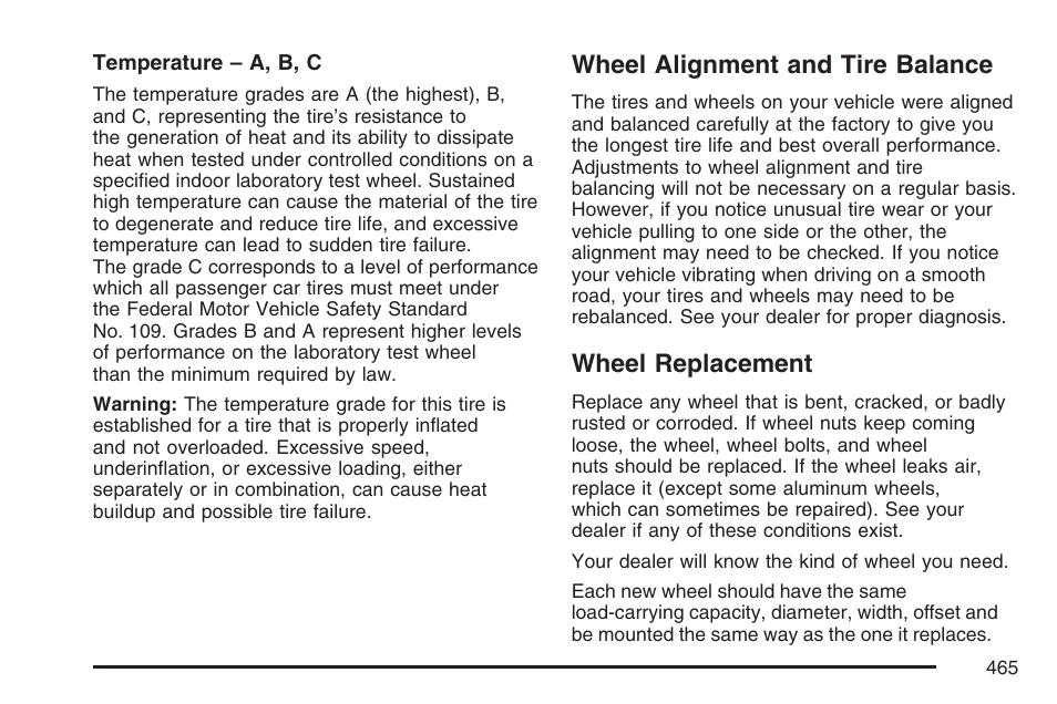 Wheel alignment and tire balance, Wheel replacement, Wheel alignment and tire balance wheel replacement | Buick 2007 Terraza User Manual | Page 465 / 562