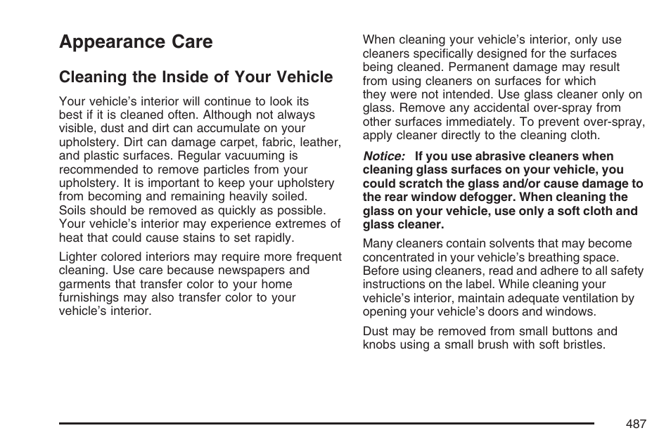 Appearance care, Cleaning the inside of your vehicle | Buick 2007 Terraza User Manual | Page 487 / 562