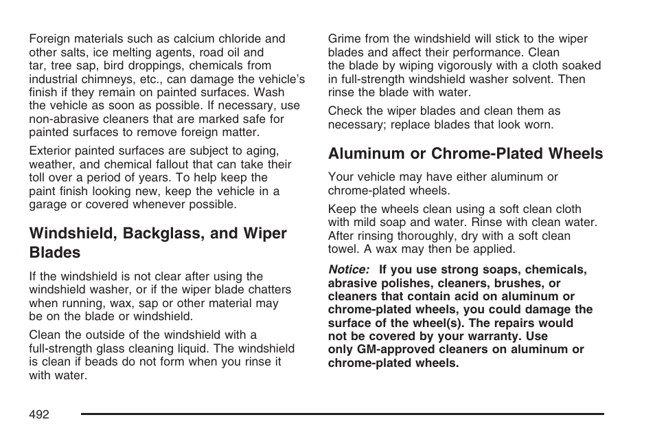 Windshield, backglass, and wiper blades, Aluminum or chrome-plated wheels, Windshield, backglass, and | Wiper blades | Buick 2007 Terraza User Manual | Page 492 / 562