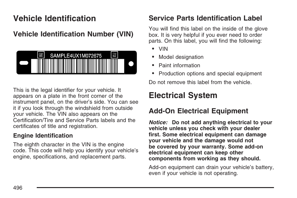 Vehicle identification, Vehicle identification number (vin), Service parts identification label | Electrical system, Add-on electrical equipment | Buick 2007 Terraza User Manual | Page 496 / 562