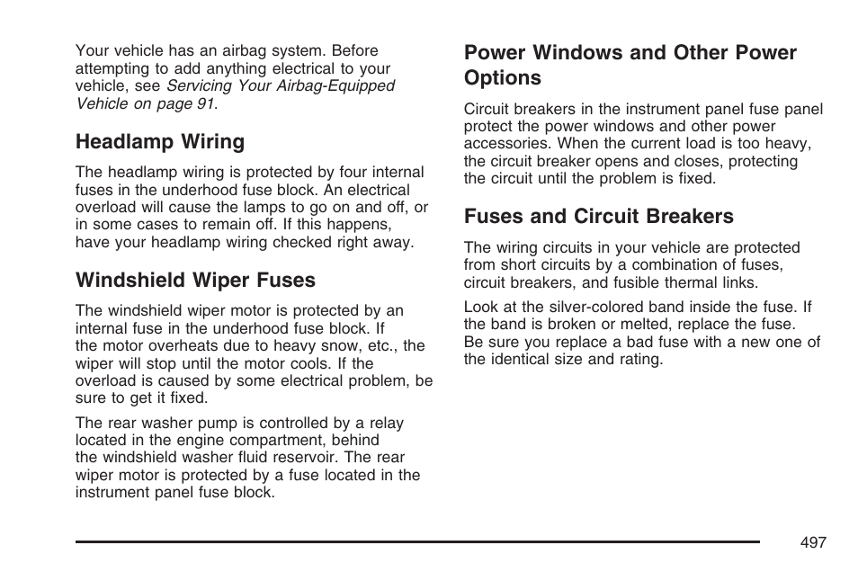 Headlamp wiring, Windshield wiper fuses, Power windows and other power options | Fuses and circuit breakers, Options | Buick 2007 Terraza User Manual | Page 497 / 562