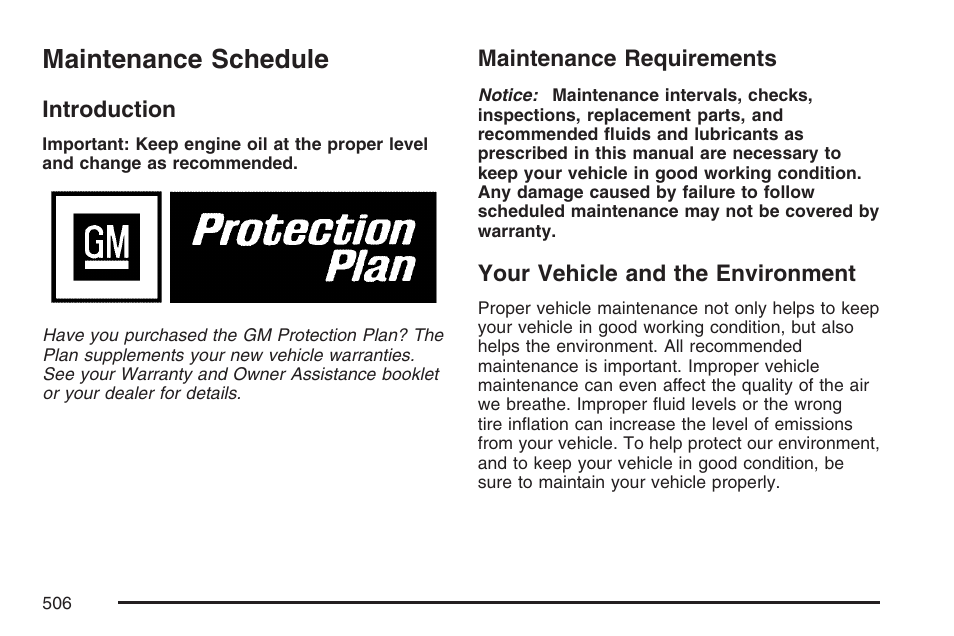 Maintenance schedule, Introduction, Maintenance requirements | Your vehicle and the environment | Buick 2007 Terraza User Manual | Page 506 / 562