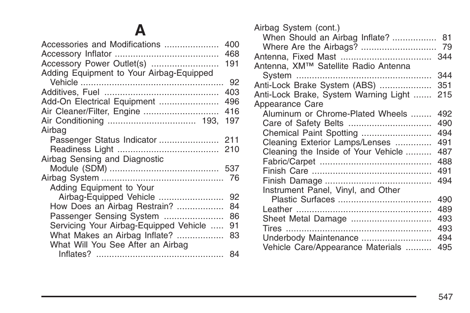 Index | Buick 2007 Terraza User Manual | Page 547 / 562