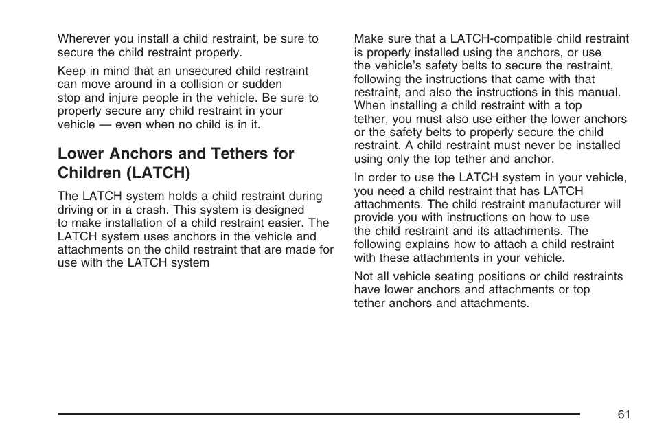 Lower anchors and tethers for children (latch), Lower anchors and tethers for, Children (latch) | Buick 2007 Terraza User Manual | Page 61 / 562