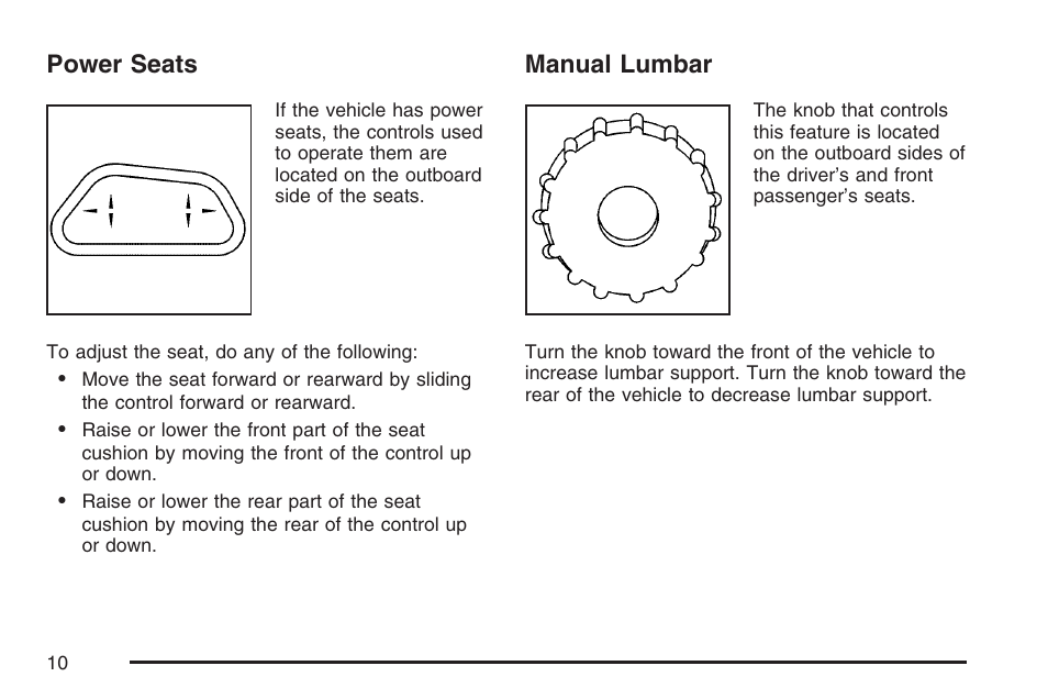 Power seats, Manual lumbar, Power seats manual lumbar | Buick 2007 Rendezvous User Manual | Page 10 / 528