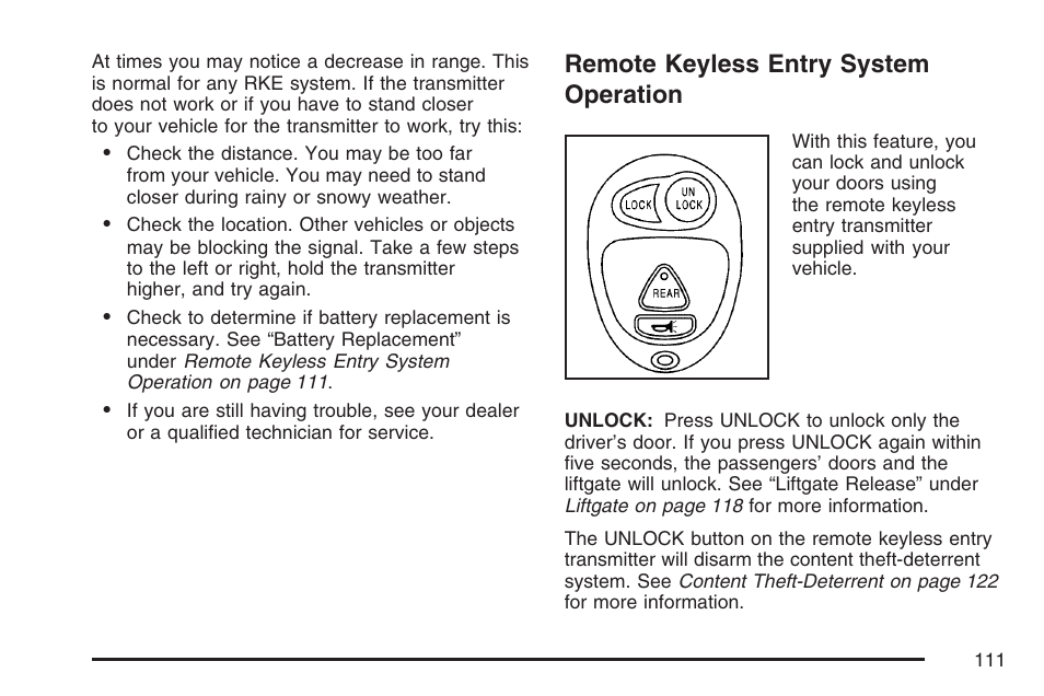 Remote keyless entry system operation, Remote keyless entry system, Operation | Buick 2007 Rendezvous User Manual | Page 111 / 528