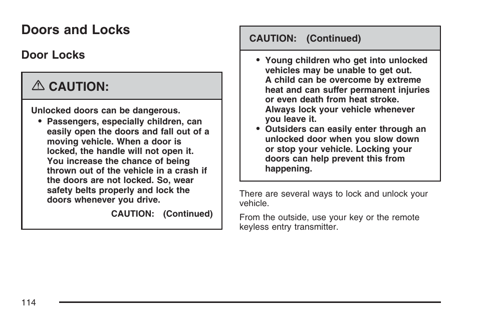 Doors and locks, Door locks, Caution | Buick 2007 Rendezvous User Manual | Page 114 / 528