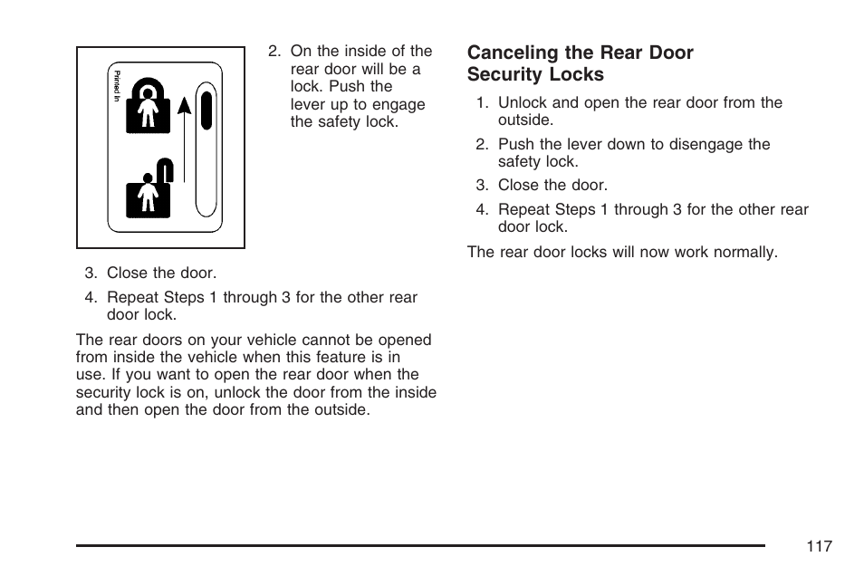 Canceling the rear door security locks | Buick 2007 Rendezvous User Manual | Page 117 / 528