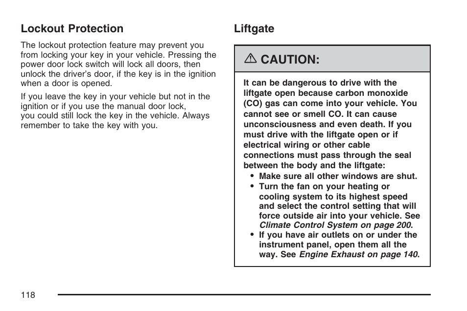 Lockout protection, Liftgate, Lockout protection liftgate | Caution | Buick 2007 Rendezvous User Manual | Page 118 / 528