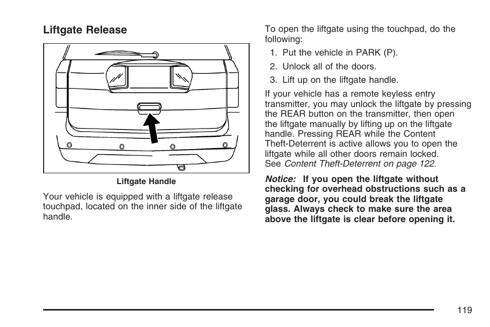 Liftgate release | Buick 2007 Rendezvous User Manual | Page 119 / 528