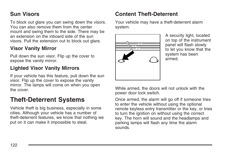 Sun visors, Theft-deterrent systems, Content theft-deterrent | Buick 2007 Rendezvous User Manual | Page 122 / 528