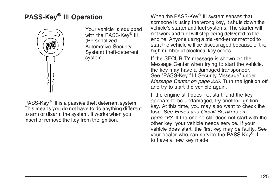 Pass-key® iii operation, Pass-key, Iii operation | Buick 2007 Rendezvous User Manual | Page 125 / 528
