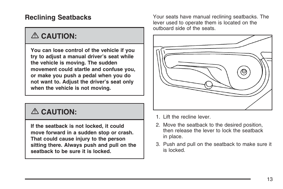 Reclining seatbacks, Caution | Buick 2007 Rendezvous User Manual | Page 13 / 528