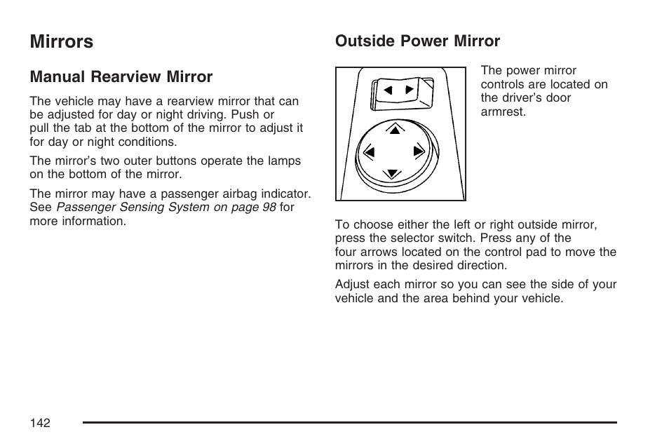 Mirrors, Manual rearview mirror, Outside power mirror | Manual rearview mirror outside power mirror | Buick 2007 Rendezvous User Manual | Page 142 / 528