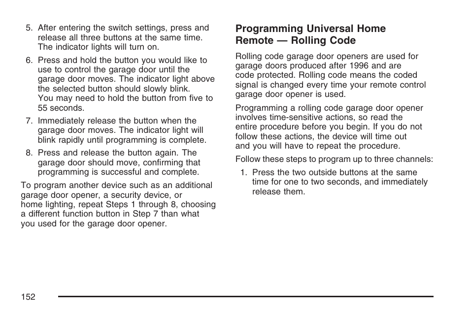 Programming universal home remote — rolling code | Buick 2007 Rendezvous User Manual | Page 152 / 528