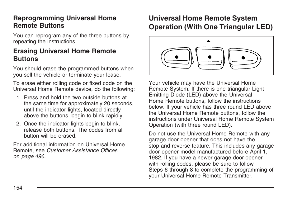 Universal home remote system operation, With one triangular led) | Buick 2007 Rendezvous User Manual | Page 154 / 528