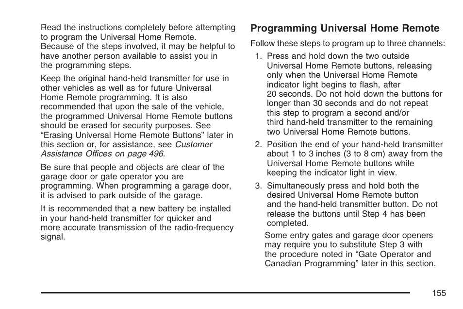 Programming universal home remote | Buick 2007 Rendezvous User Manual | Page 155 / 528