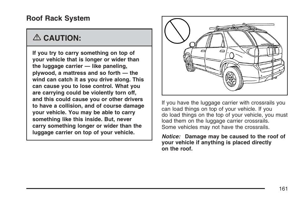 Roof rack system, Caution | Buick 2007 Rendezvous User Manual | Page 161 / 528