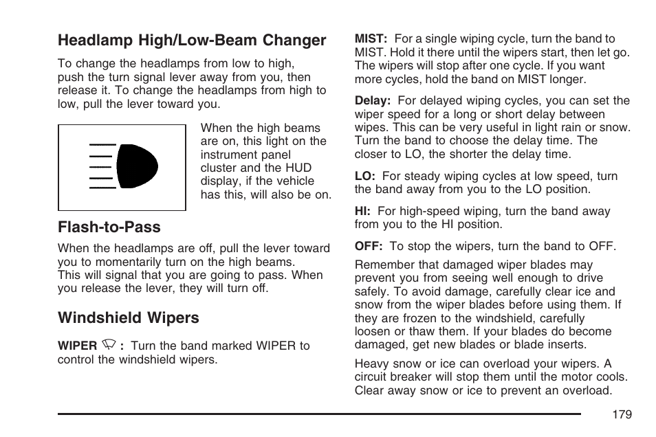 Headlamp high/low-beam changer, Flash-to-pass, Windshield wipers | Buick 2007 Rendezvous User Manual | Page 179 / 528