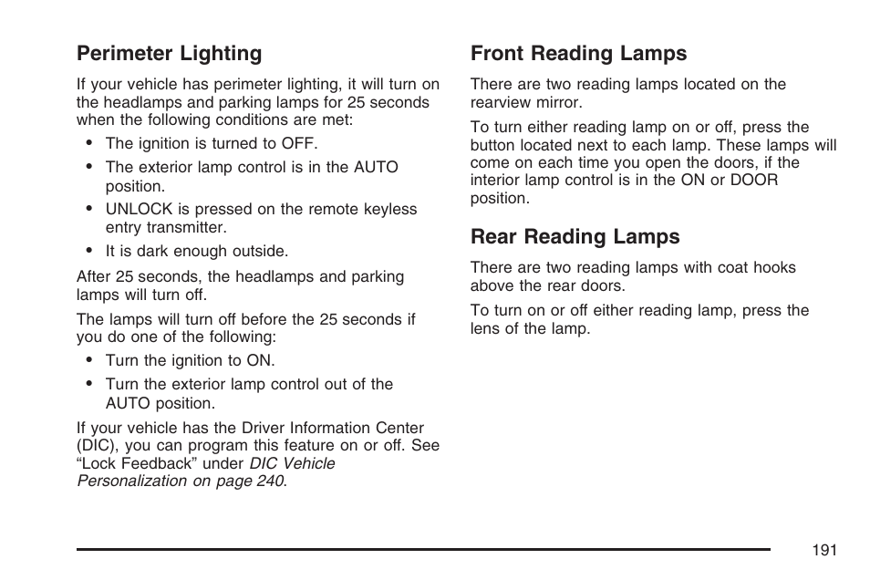 Perimeter lighting, Front reading lamps, Rear reading lamps | Front reading lamps rear reading lamps | Buick 2007 Rendezvous User Manual | Page 191 / 528