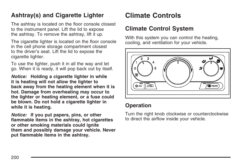 Ashtray(s) and cigarette lighter, Climate controls, Climate control system | Buick 2007 Rendezvous User Manual | Page 200 / 528