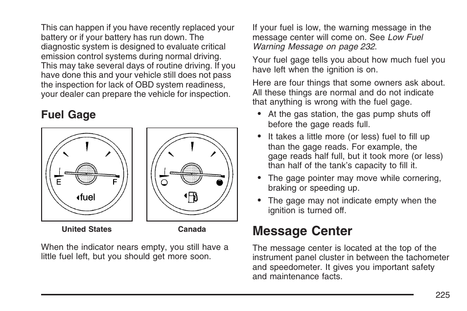 Fuel gage, Message center | Buick 2007 Rendezvous User Manual | Page 225 / 528