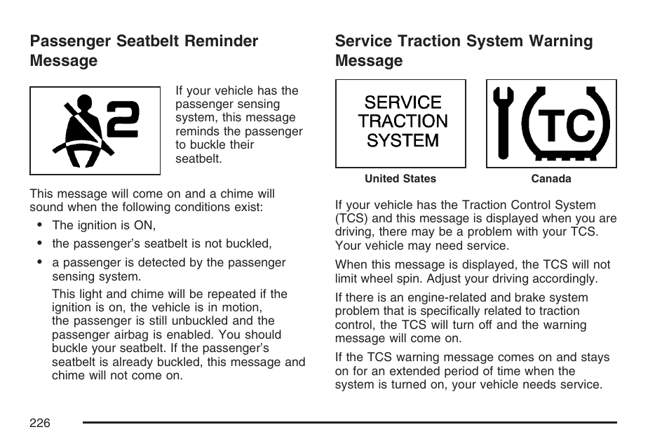 Passenger seatbelt reminder message, Service traction system warning message, Message | Buick 2007 Rendezvous User Manual | Page 226 / 528