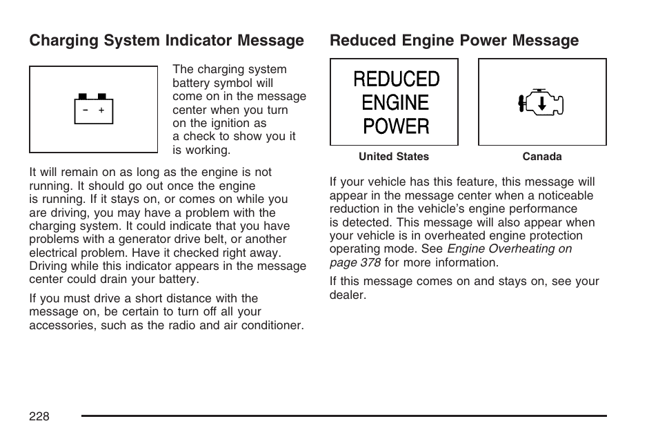 Charging system indicator message, Reduced engine power message | Buick 2007 Rendezvous User Manual | Page 228 / 528