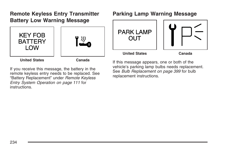 Parking lamp warning message, Remote keyless entry transmitter battery, Low warning message | Buick 2007 Rendezvous User Manual | Page 234 / 528